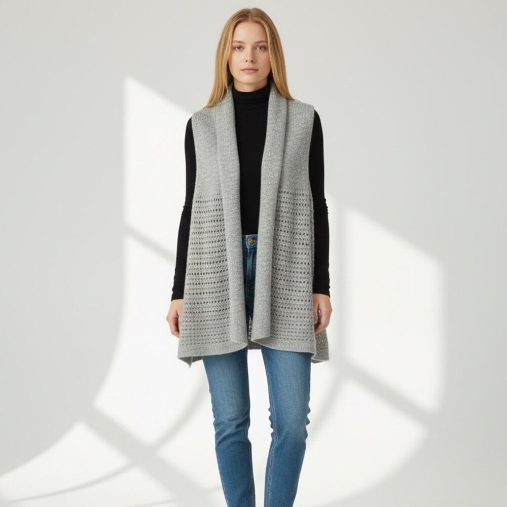 Vkoo 100% Cashmere Open Knit Cardigan Sweater Womens Sz P (XS) Gray Sleeveless